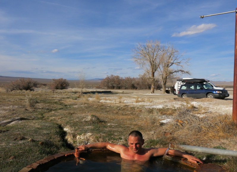 North of Death Valley, outside of Goldfield, NV, Doug and Mike share a soak before heading back to Portland.