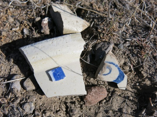 Outside, I found broken bits of kitchenware. Maybe the blue pieces were some poor woman's prized china plates.