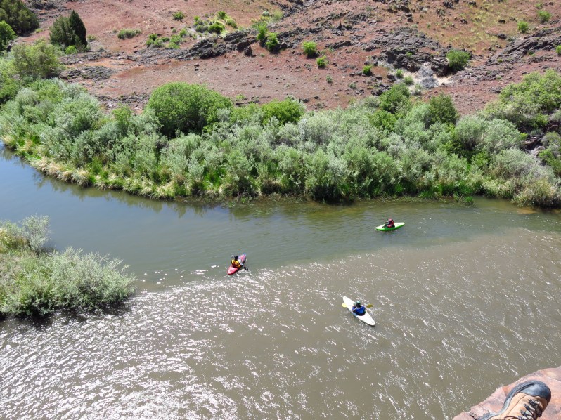 A group of kayakers check out the confluence of the Jarbidge (bottom) and Bruneau (top) rivers.